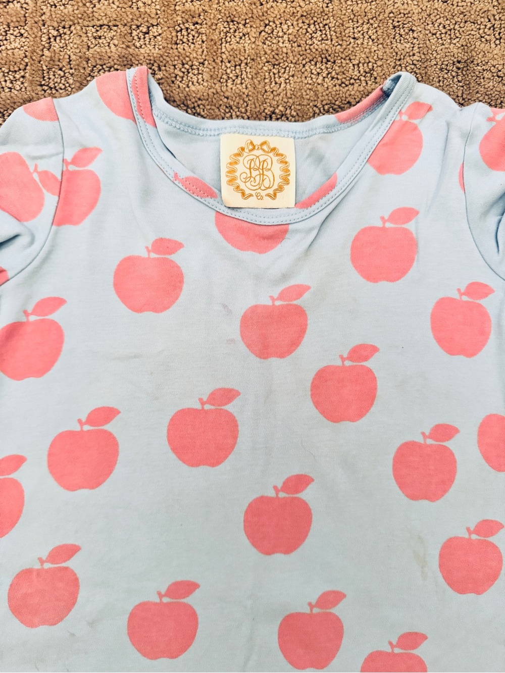 TBBC Polly Play Dress in the "Appleberry Orchard" pattern featuring pink apples - Picture 2 of 3